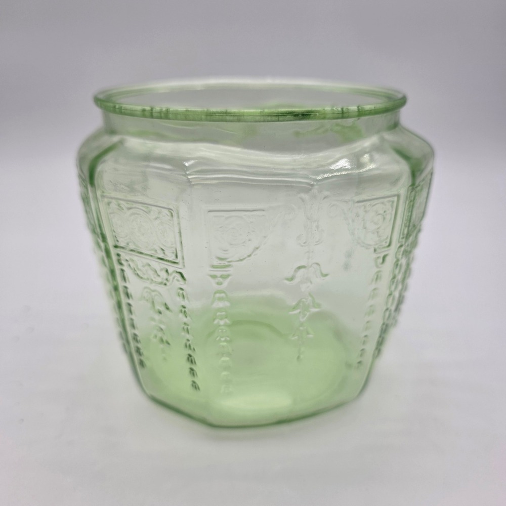 Hocking Glass Princess Pattern Uranium Glass Jar Green OS
